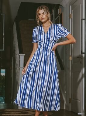 Blue & White Stripe Puff Sleeve V-Neck Dress Cupshe NWT - XS
